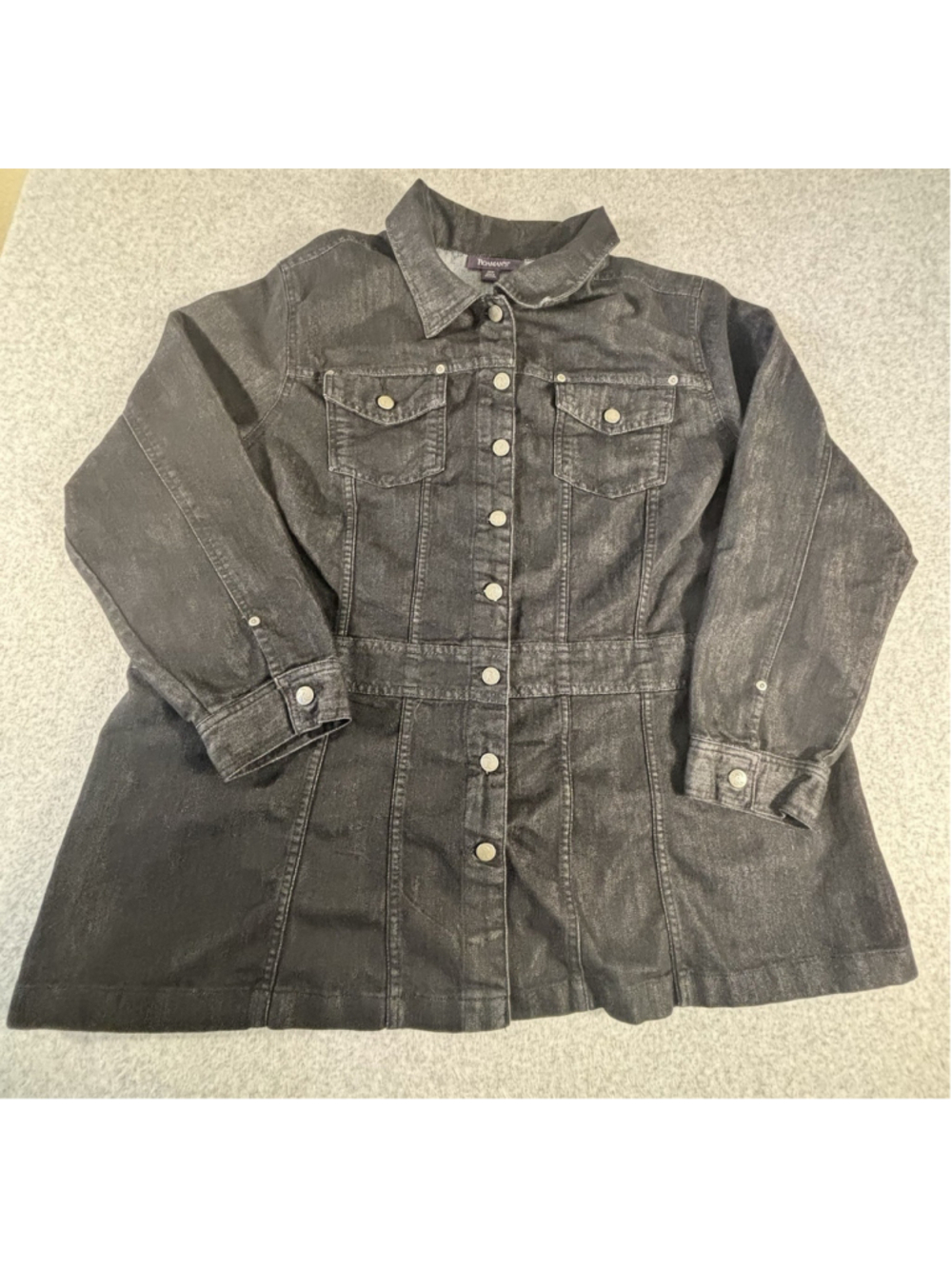 Roamans Womens Black Denim Jacket Size 24W Long Snap Front Stretch Plus Size